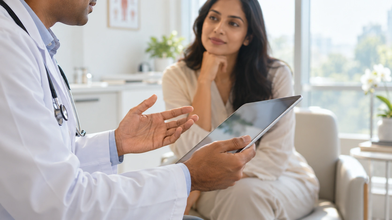 Conceptual illustration of a clinician discussing care with a patient